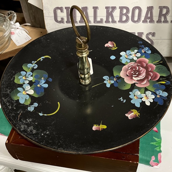Vintage Center Handled Black Serving Tray w/ Tole Painted Design - Picture 2 of 16